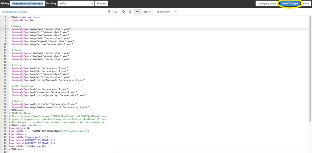 Add cache policy to .htaccess file